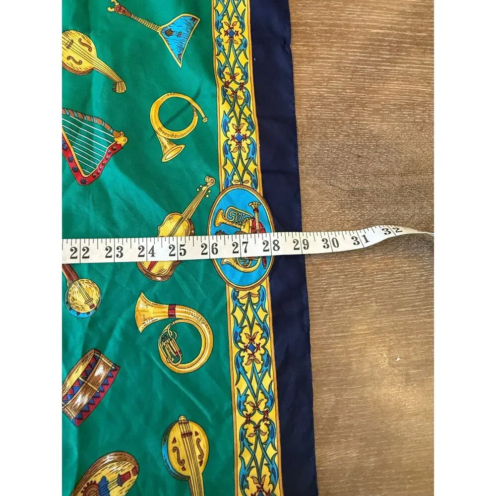 Gil De Losine Paris Navy and Green instrumental silk scarf 29’x31’ Bandana